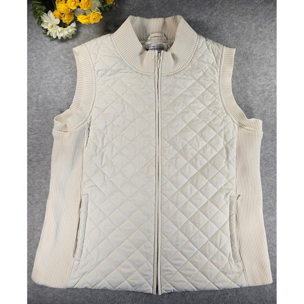 Pendleton Womens Quilted Full Zip Vest Cream Ribbed Mock Neck M Coastal Luxury